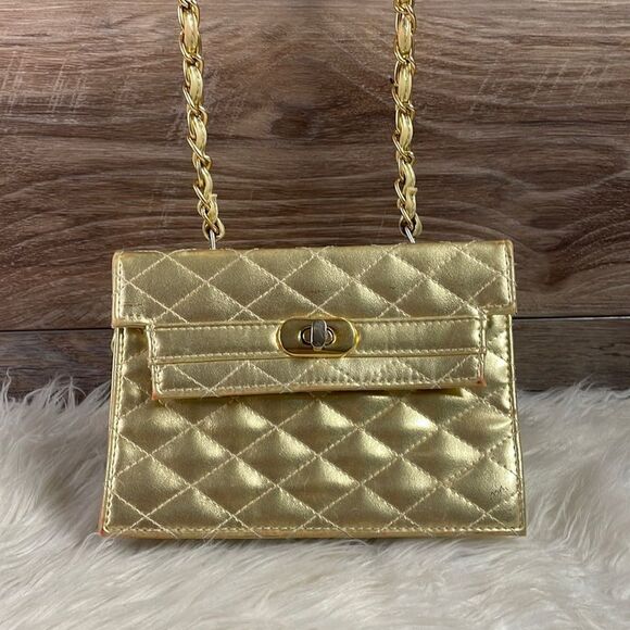 Gold Metallic Quilted Evening Bag with Goldtone Chain - Picture 2 of 11